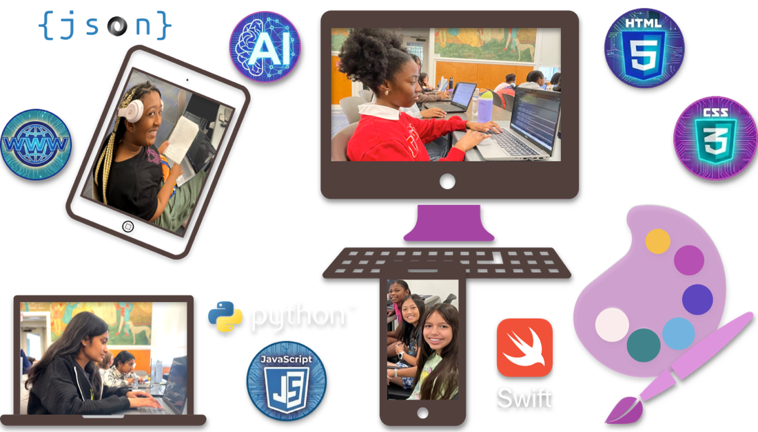 collage of Girls Code Savannah students coding with tech and coding logos and symbols surrounding them