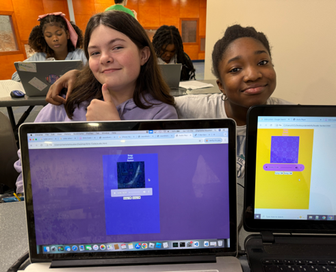 Girls Code Savannah students Charlotte and Daniella displaying their custom-coded web audio players